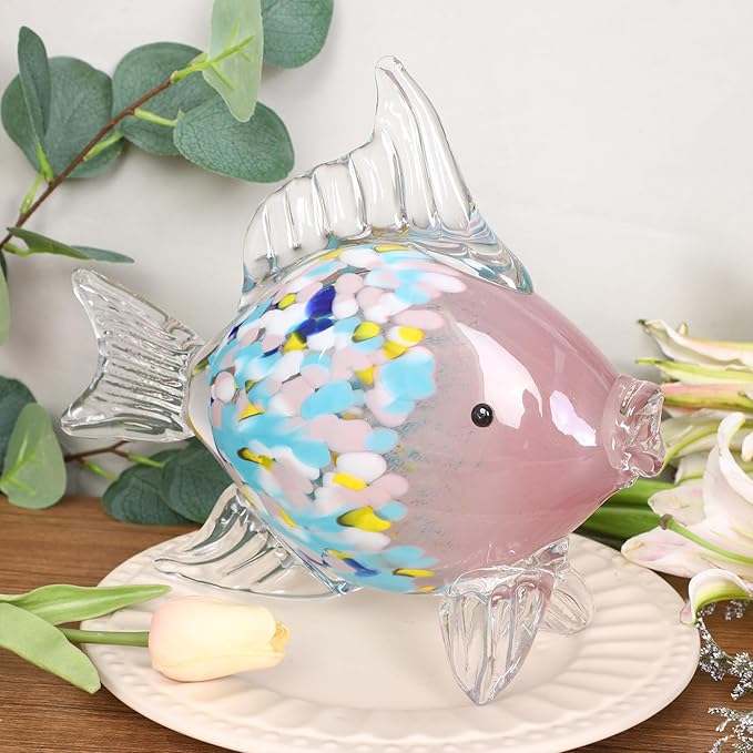 LCCCK Large Hand Blown Glass Fish Figurines, Aquarium Sea Glass Art, Fish Statue Sculpture Modern Coastal Accent - for Beach Knick Knacks, Coffee Tables, Nautical Offices Centerpiece (Colorful Pink)