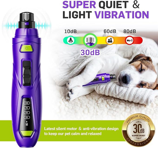 Dog Nail Grinder & Clipper 2-in-1 Set - 25dB Ultra Quiet with 3 Grinding Wheels & 2 LED Lights, Rechargeable for Large/Puppy Dogs & Cats, 3-Speed Adjustable for Anxious Pets
