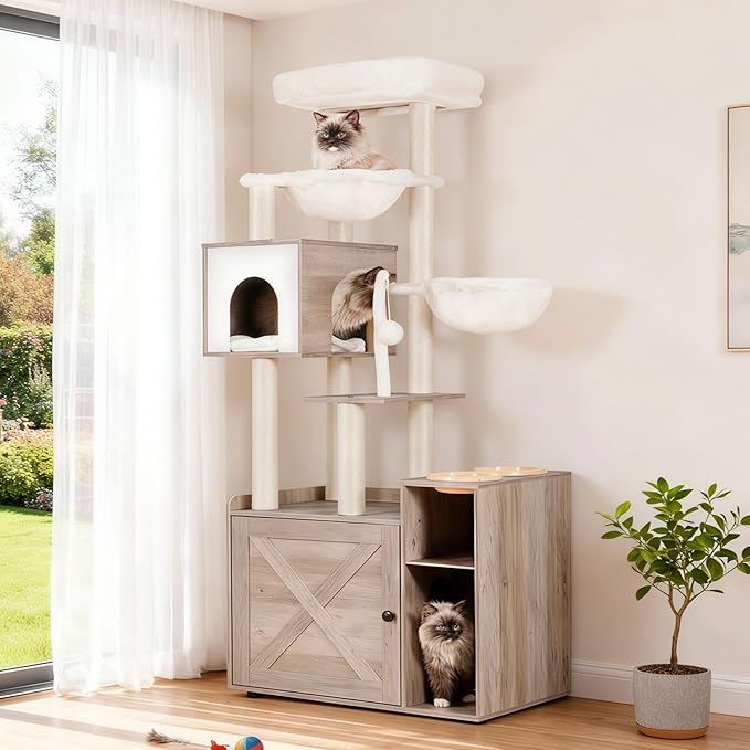 Hey-brother Cat Tree with Litter Box Enclosure, Modern Cat Tower for Indoor Cats with Large Platform, Condo Food Station and 2 Hammocks, All-in-one Cat Furniture, Wood Rustic Gray MPJ115SG