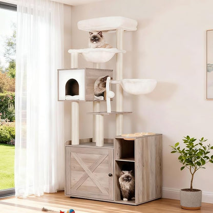 Hey-brother Cat Tree with Litter Box Enclosure, Modern Cat Tower for Indoor Cats with Large Platform, Condo Food Station and 2 Hammocks, All-in-one Cat Furniture, Wood Rustic Gray MPJ115SG