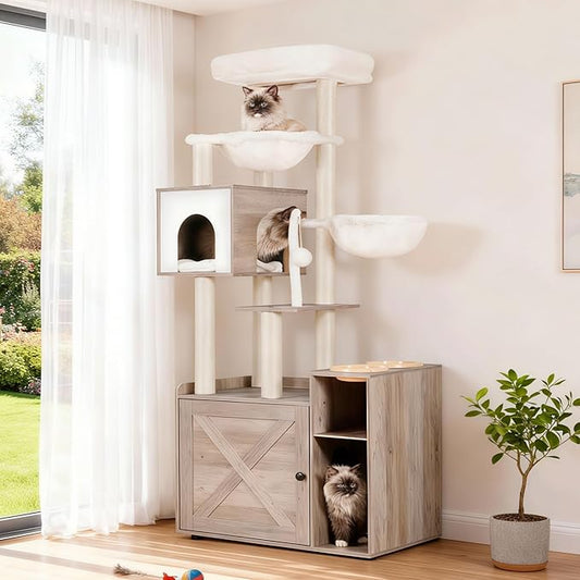 Hey-brother Cat Tree with Litter Box Enclosure, Modern Cat Tower for Indoor Cats with Large Platform, Condo Food Station and 2 Hammocks, All-in-one Cat Furniture, Wood Rustic Gray MPJ115SG