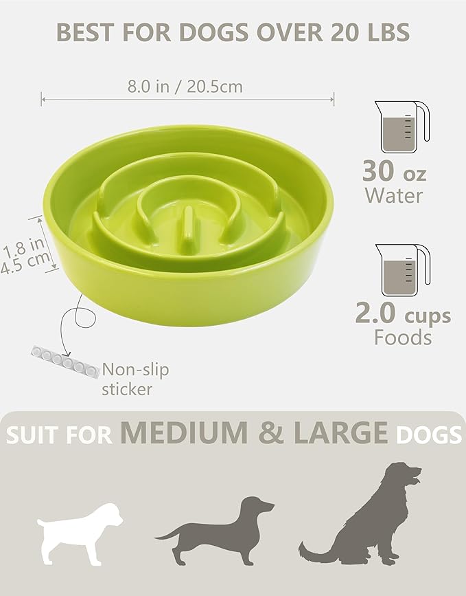 Ceramic Slow Feeder Dog Bowls, 2.0 Cups Slow Feeder for Medium and Large Dogs, Puzzle Maze Bowl to Slow Down Eating, 30oz, 8in, Green