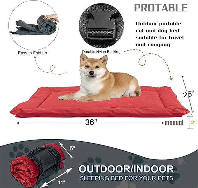 YOFANG 36"x25" Outdoor Travel Dog Bed,Portable Crate Mat Waterproof Anti-Slip, Kennel Pad Washable,Pet Camping Beds Ripstop 1200D Nylon Fabric,Easy to Clean for for Large Medium Dogs or Cats,Red