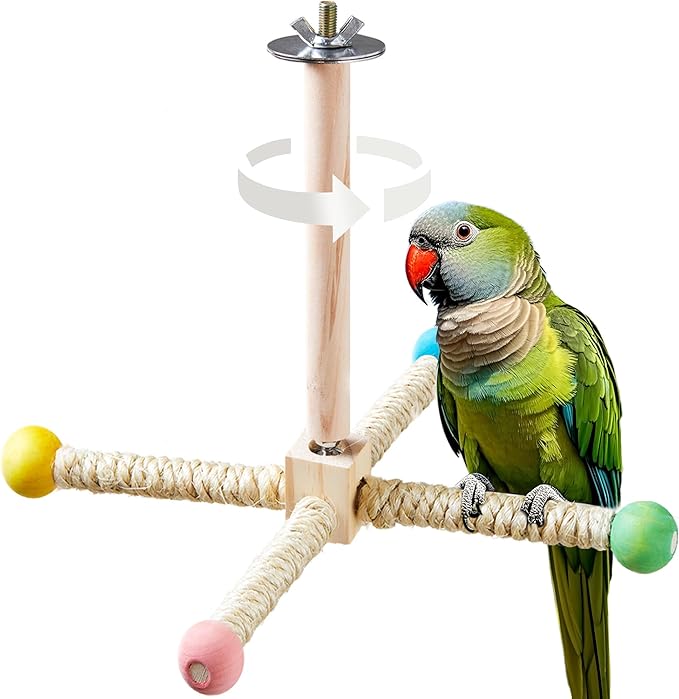 Large Bird Stand Perch Toy for Cage, Interactive Spinning Toys, Wooden Exercise Wheel Quaker Toy, Enrichment Bird Cage Accessories Perch Toys for Medium-Sized Birds Cockatiel Ring-Necked Caique (L)