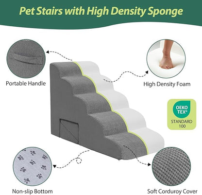 Dog Stairs for Small Dogs and Cats, 5 Tier Dog Steps for Bed and Couch, 23" H Non-Slip Foam Pet Stairs, Gray
