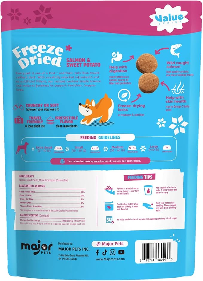 MAJOR PETS Freeze Dried Wild-Caught Salmon&Sweet Potato Dog Treats,Single Protein,All Natural,Rich in Omega-3,Healthy Training Treats or Meal Topper for All Dogs-2.5 Ounce (Pack of 1)