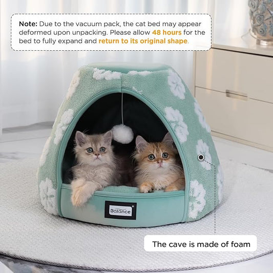 BALANCE Cat Beds for Indoor Cats, 2-in-1 Cat Bed Cave with Anti-Slip Bottom and Ultra-Soft Plush, Cozy Cats House Tent for Kittens and Small Dogs, 21 Inches, Green