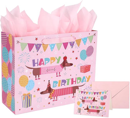 Fukaisu Large Dog Birthday Favor Bags, 13" Dachshund Happy Gift Bags with Card Tissue Envelopes for Dog Birthday Party Decoration
