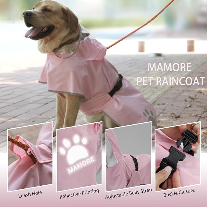 Waterproof Dog Raincoat, Reflective Adjustable Hooded Dog Rain Coat, Lightweight Breathable Pet Rain Jacket Poncho Double Layer with Leash Hole for Small Medium Large Dogs (Pink, Medium)