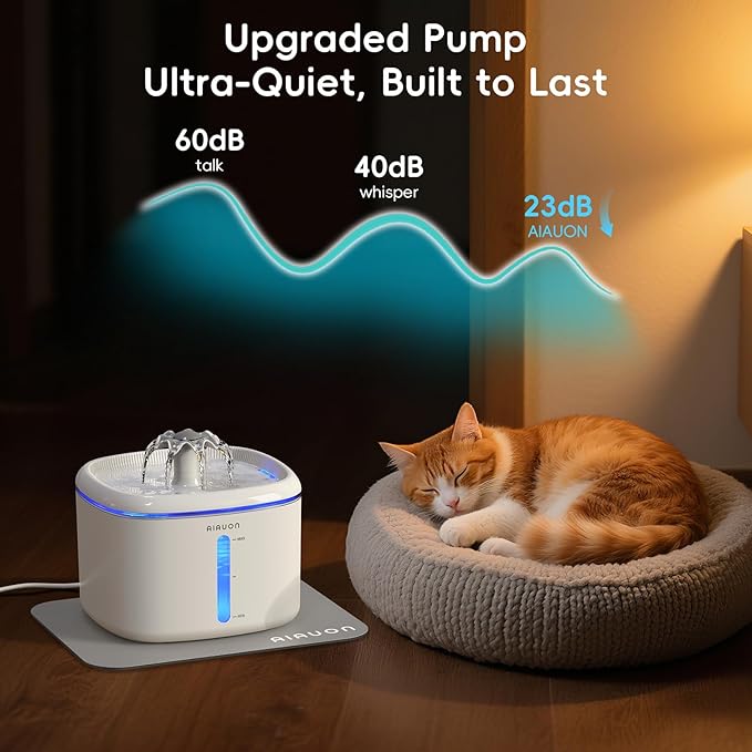 Cat Water Fountain,84oz/2.5L Pet Cat Fountain – Ultra Quiet Upgraded Automatic Pet Water Dispenser with 3 Replaceable Filters, Indoor Cat & Dog Drinking Bowl (with mat)