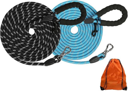 (2 Pack) Long Dog Leash for Dog Training 30FT, Lockable Hook Heavy Duty Dog Lead Tie Out Rope for Large Medium Small Dogs Outside Walking, Playing, Camping, or Yard(Black&Blue)