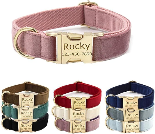 Personalized Velvet Dog Collars with Pet Name Phone Number Engraved, Custom Adjustable Soft Collar with Metal Buckle for Small Medium Large Dogs, Dog Leash and Bow Tie Available -Champagne Pink