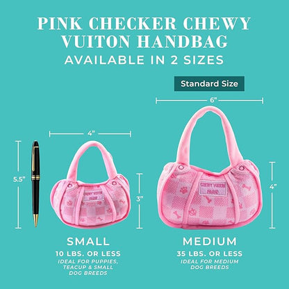 Haute Diggity Dog Pink Checker Chewy Vuiton Handbag, Plush Designer Dog Toys with Interactive Squeaker, Stimulating Pet Enrichment, Machine-Washable & Safe Materials for All Breeds, Size Small