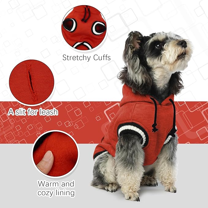 FUAMEY Dog Hoodie Winter Fleece Sweater - Pet Warm Sweatshirt Pullover With Pocket, Leash Hole - Christmas Outfit for Small Medium Large Dogs - Red S