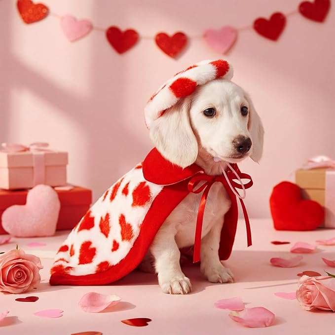 2 Pieces Valentines Day Dog Costume Set Including Beret Hats and Red Heart Love Dog Cloak Funny Puppy Xmas Costumes Holiday Outfits Clothes for Pet Cats(Small)