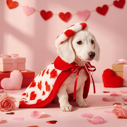 2 Pieces Valentines Day Dog Costume Set Including Beret Hats and Red Heart Love Dog Cloak Funny Puppy Xmas Costumes Holiday Outfits Clothes for Pet Cats(Small)