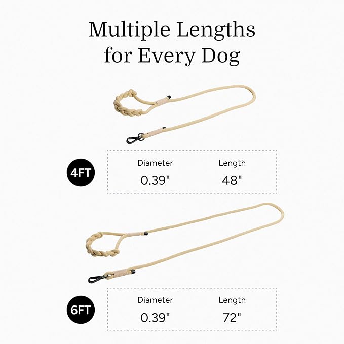 2025 New Edition, Fei & Eve Hand-Braided Dog Leash, 4FT | SP Cotton Material | Heavy Duty Training | Comfort Grip Handle for Small/Medium/Large Dogs, Champagne