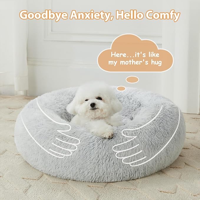 WNPETHOME Donut Dog Beds Large Sized Dog,Anti-Anxiety Caming Large Pet Bed,Fluffy Faux Fur Plush Puppy Bed，Warming Cozy Soft Round Bed for Pet, Cat Cuddler Cushion