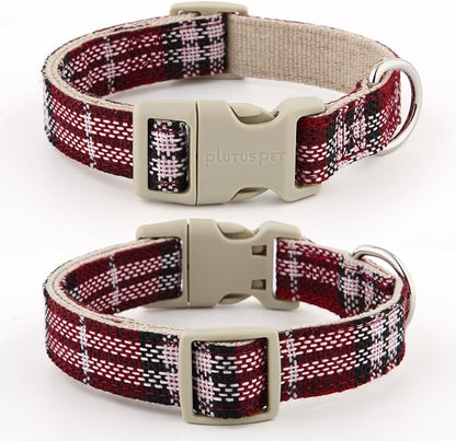 Plutus Pet Cotton Hemp Dog Collar and Leash Set, Adjustable Collar for Small, Medium, and Large Dogs, Heavy Duty and Soft on Skin, Red Plaid, XL