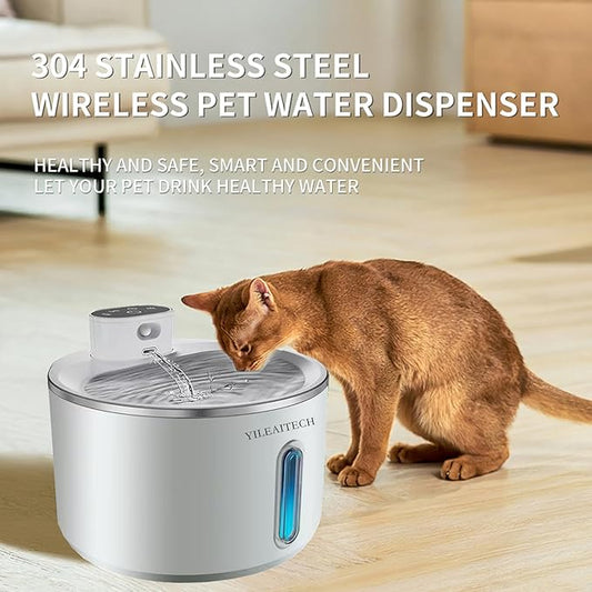 Wireless Cat Water Fountain Stainless Steel, 135oz/4L Cat Fountain, Battery Operated, Cordless Pet Water Fountain for Cats & Dogs with Motion Sensor, Ultra Quiet Pump, 12 Filters (White, 4L)