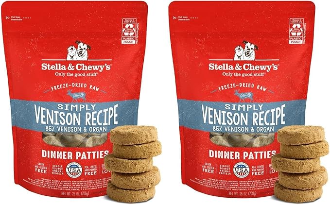 Stella & Chewy's Freeze-Dried Raw Dinner Patties - Simply Venison Recipe - High Protein Grain-Free Puppy & Dog Food - Perfect for Picky Eaters - 25 oz (Pack of 2)