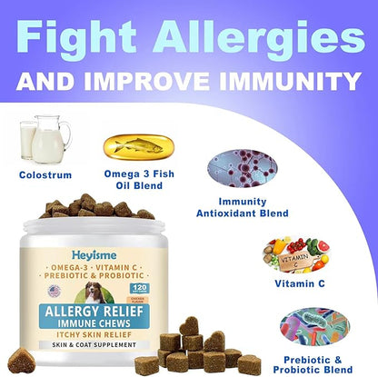 Dog Allergy Relief Chews, Itch Relief, Probiotics for Dogs, Omega-3 Fish Oil, Seasonal Allergy and Itchy Skin Treatment, Immune Support Supplement (120 Chews, Chicken)