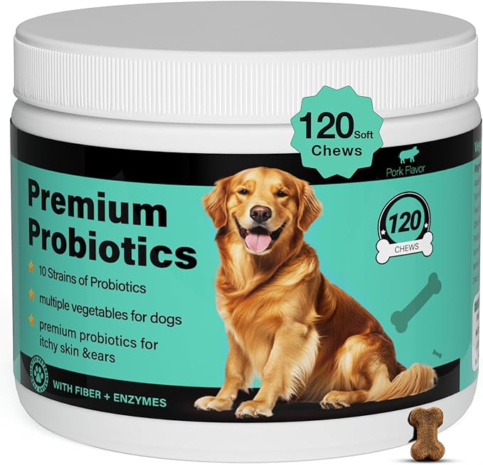 Dog Probiotics and Multivitamin Chews for Gut, Skin and Coat Health, Immune Support Supplement for All Dogs, Pork Flavor Soft Chews, 120 Count, Idea