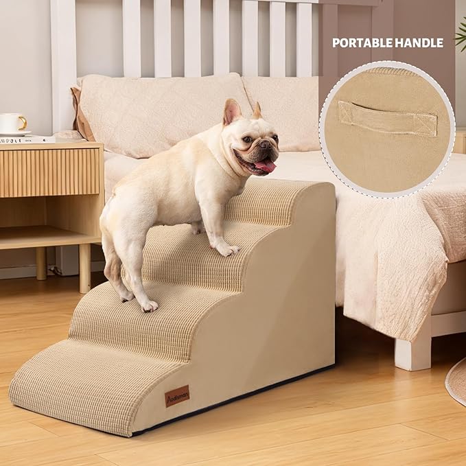 Dog Steps for Bed, 4-Step Dog Stairs Ramp for Small Dogs and Cats, Indoor Non-Slip Pet Stairs Suitable for Older, Short-Legged, and Puppy Dogs to Climb Onto High Beds and Couch, 17.4" H,Khaki