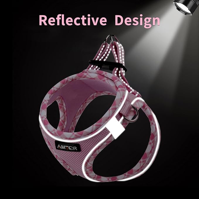 AMTOR Small Dog Harness with Leash Set, No Escape Easy Walk Puppy Harnesses for Training Walking, Step-in Reflective Soft Dogs Vest for XS S Medium Extra-Small Large Sized Dog(XL Size,Pink/White)