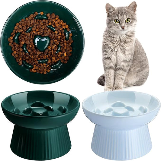 Tioncy 2 Pcs Raised Cat Slow Feeder Bowl Ceramic Elevated Cat Dog Food Bowl No Spill High Edge for Dry Wet Food and Water Easy to Clean, Dishwasher Safe(Dark Green, Blue)