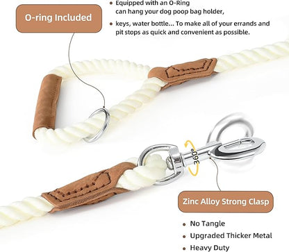 Mile High Life Dog Leash, Braided Cotton Rope Leashes with Leather Handle - Heavy Duty Metal Clasp, 5FT, 1/2" Thick - Wedding, Walking & Training Leash for Small Medium Large Dogs (White)