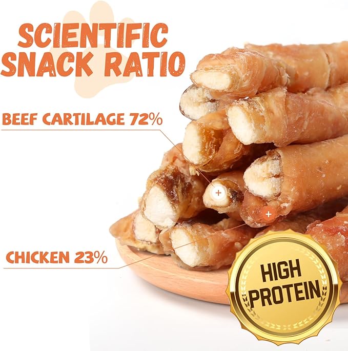 Dog Treats Chicken Wrapped Beef Cartilage w/Calcium Supplement, Rawhide Free Dog Chews Long Lasting, Grain Free Healthy Training Treats Snacks for Small Medium Large Dogs, 12 Counts, 10.6 oz
