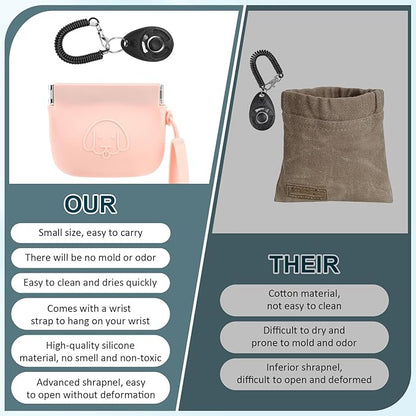 WALLFID Silicone Dog Treat Pouch Small Bag,Auto Closure,with Pet Training Clicker,Walking Bag for Dog and Cat,Pocket Size,Easy to Clean,Odorless,Travel Walking Bag (Pink)