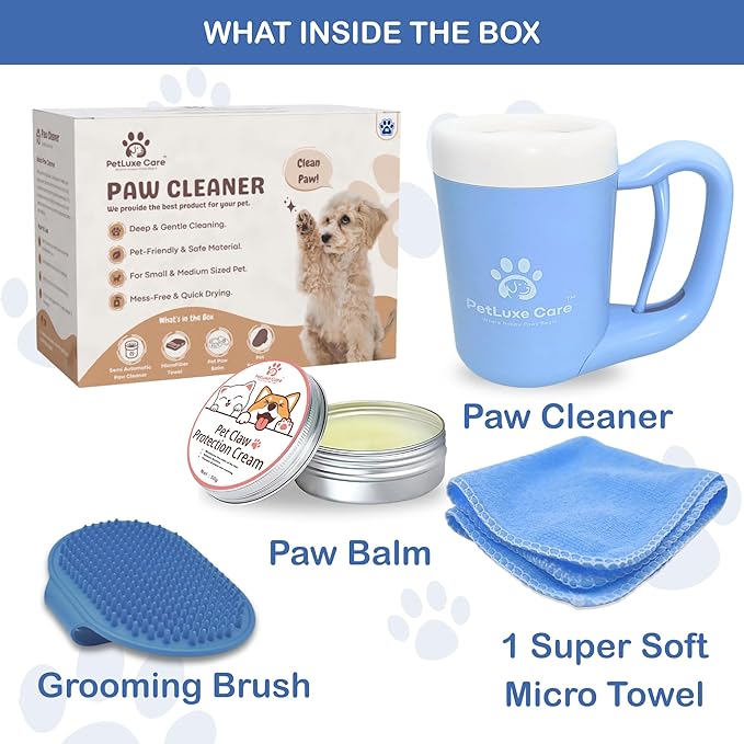 Dog Paw Washer Kit - Includes Paw Cleaner Cup, Towel, Pet Bath Brush & Moisturizing Balm - Dog Foot Washer for Muddy Paws, ideal for Small & Medium Dogs (Blue, Medium)