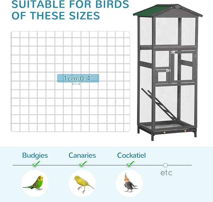 PawHut 65" Wooden Bird Cage Outdoor Aviary House for Parrot, Parakeet, with Pull Out Tray and 2 Doors, Grey