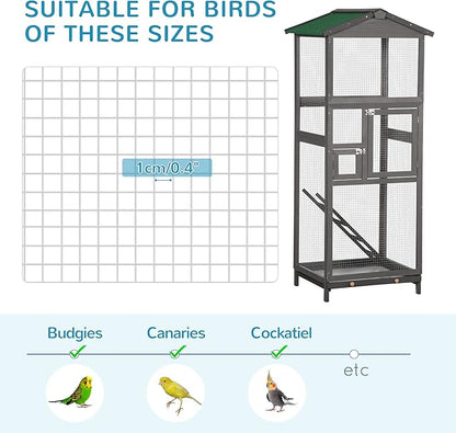 PawHut 65" Wooden Bird Cage Outdoor Aviary House for Parrot, Parakeet, with Pull Out Tray and 2 Doors, Grey