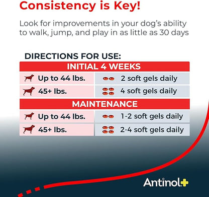 Antinol Plus, Mobility, Hip, and Joint Supplement for Dogs, Green-Lipped Mussels and Krill Oil - Dog Joint Supplement, Better and Faster Than Glucosamine and Chondroitin, 90 Soft Gels