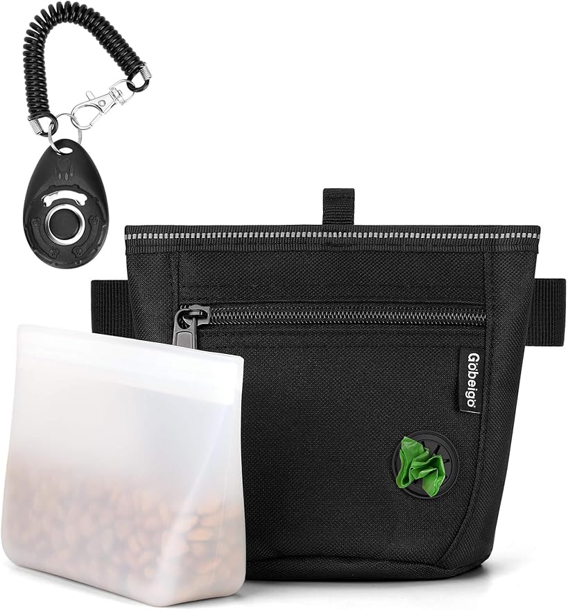 Gobeigo【Silicone Insert Bag Version】Dog Treat Pouch and Training Clicker, 2 Pair Magnetic Closure, 2 Cup Walking Fanny Pack with Poop Bag Dispenser, Metal Belt Clip &Waist Strap