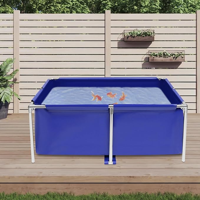 Ueukpeea Canvas Above Ground Fish Pond with Steel Frame, Koi Tank with Drain Valve Blue Aquarium Pool Foldable Fish Tank for Koi Breeding Lobster Cultivation Indoor Outdoors Water-Proof 47x31x20inch