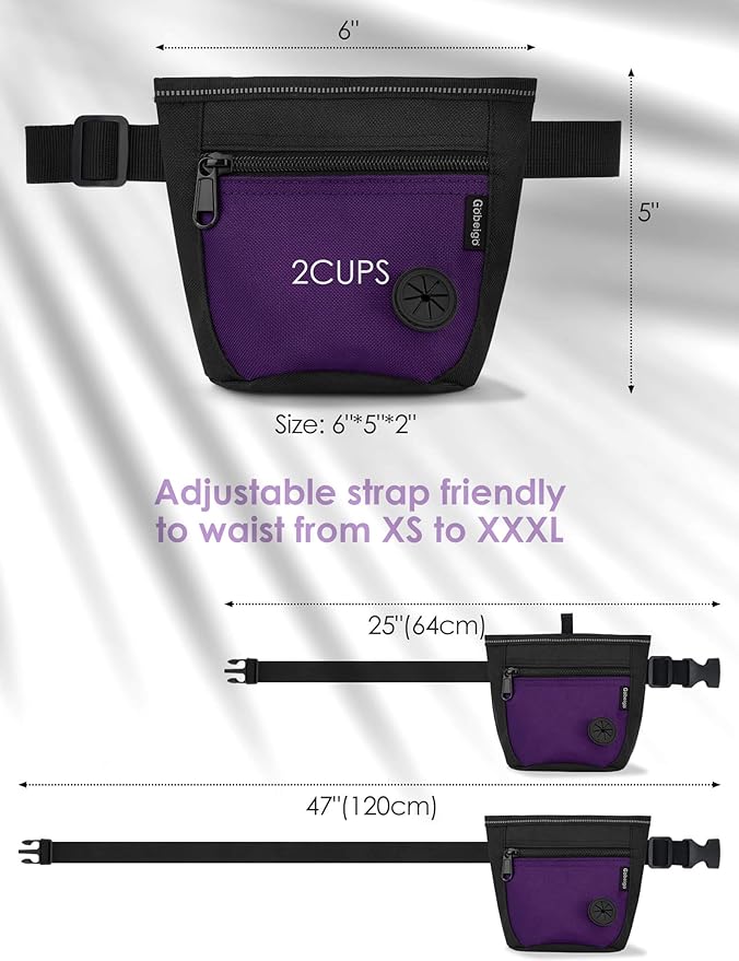 Gobeigo Dog Treat Pouch and Training Clicker, Upgrade Two Magnetic Closure to Prevent Spills, 2 Cup Treat Bag with Poop Bag Dispenser, Metal Clip Waist Belt Fanny Pack for Pet Walk (Black/Purple)