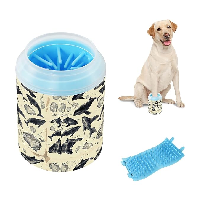 Dog Paw Cleaner Cups for Dogs Pets Foot Washer Paw Scrubber for Medium Small Cats Dogs Cleaning Cup Beige Whales Concha and Seashell