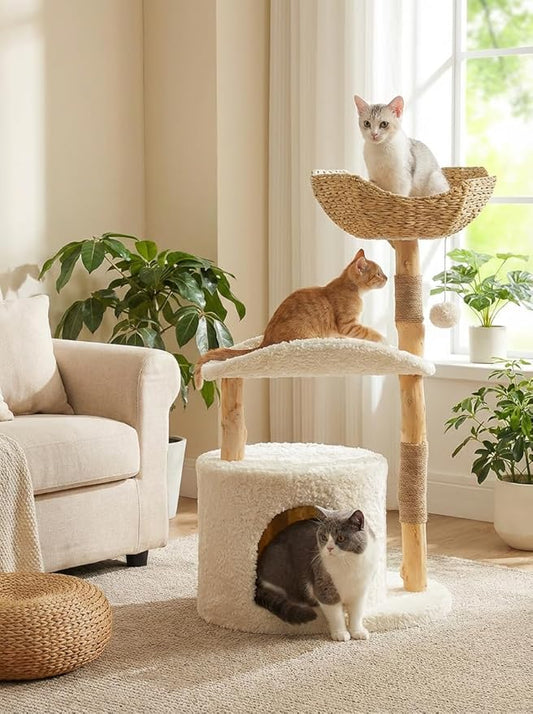 Modern Cat Tree Tower for Large Cats, Wood Cat Tower with Natural Scratching Post, Solid Wood Condo, Real Branch Luxury Cat Furniture with Curved Bed, Top Basket, White