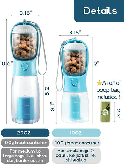 Portable Water Bottle for Dogs, 3 in 1 Pet Travel Bowl Dispenser with Food Treat Container & Poop Bag Holder, Summer Outdoor Walking Hiking Accessories for Large Dog On The Go - Blue, 20oz