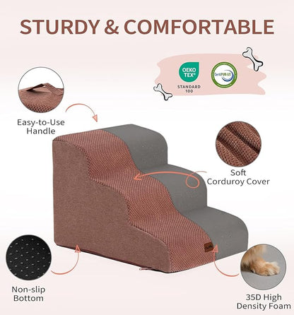 Made4Pets Dog Stairs Ramp for Small Dogs 15.7" H, 3-Step Dog Steps for Bed Couch Sofa and Chair, 35D Foam Pet Steps for Small Dogs and Cats, Non-Slip Bottom Pet Stairs, Brown