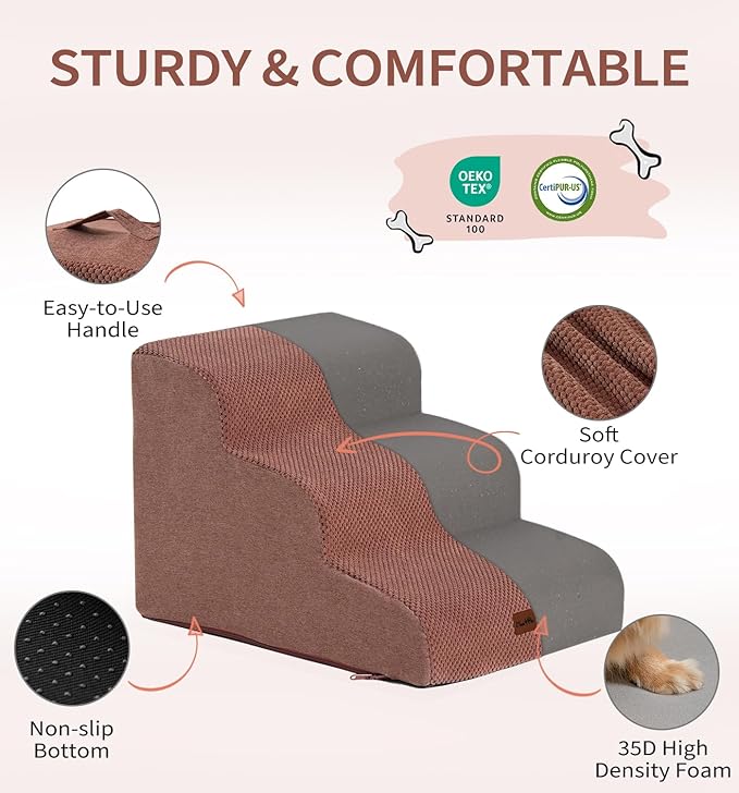 Made4Pets Dog Stairs Ramp for High Bed 22.8" H, 5-Step Pet Stairs for Bed Couch Sofa Climbing, 35D Foam Pet Steps for Small Dogs and Cats, Non-Slip Bottom Dog Steps, Brown