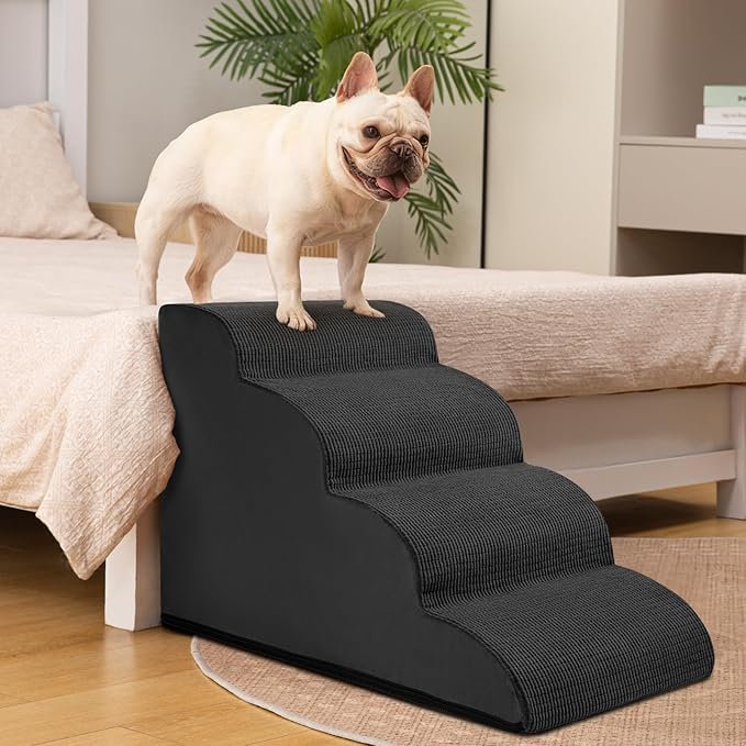 Dog Steps for Bed, 4-Step Dog Stairs Ramp for Small Dogs and Cats, Indoor Non-Slip Pet Stairs Suitable for Older, Short-Legged, and Puppy Dogs to Climb Onto High Beds and Couch, 17.4" H,Black