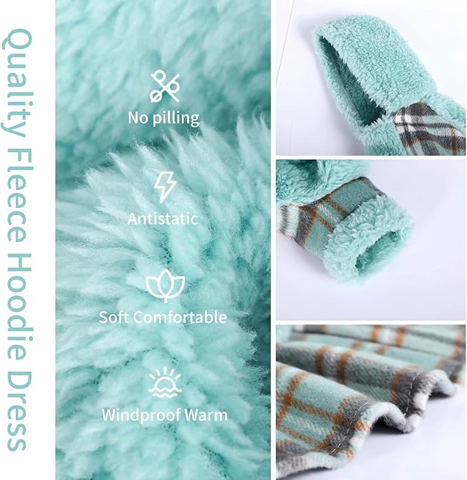 Dog Hoodie Dress Winter Pet Sweaters for Small Dogs Girl Cold Weather Warm Puppy Dresses Plaid Pet Clothes Outfits for Chihuahua Yorkie Teacup Cat Skirt Coat Apparel Clothing (Small, Blue)