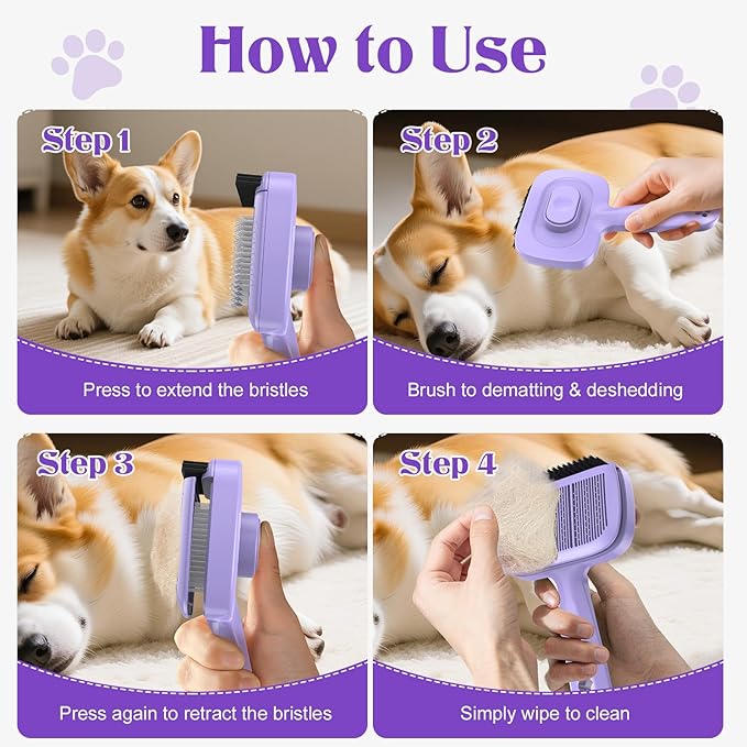 Self Cleaning Dog Brush for Shedding - Bristle Brush and Long/Short Needles Design, Skin Friendly, Slicker Deshedding Dog Brush, Hair Removal for Long & Short Haired Pets (Purple)