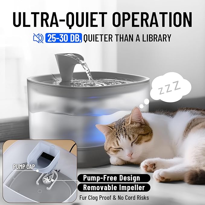 Veken Cat Water Fountain with Detachable Tank, Easy to Clean & Assemble, 84oz/2.5L Pet Drinking Dispenser with Quiet Operation & LED Light, Gifts for Christmas, Cats, Dogs and Small Pets, Grey