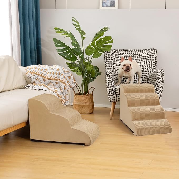 Dog Steps for Bed, 4-Step Dog Stairs Ramp for Small Dogs and Cats, Indoor Non-Slip Pet Stairs Suitable for Older, Short-Legged, and Puppy Dogs to Climb Onto High Beds and Couch, 17.4" H,Khaki